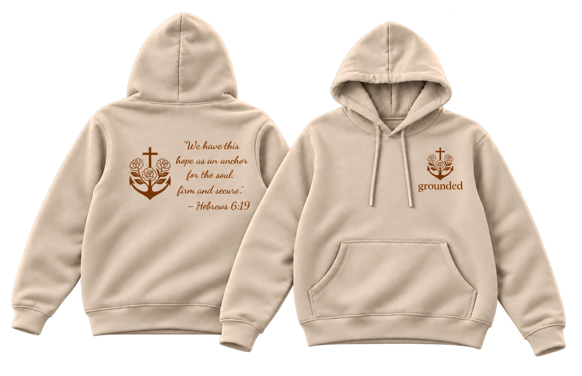 Cream Grounded hoodies, front and back, with the original rose and anchor emblems.
