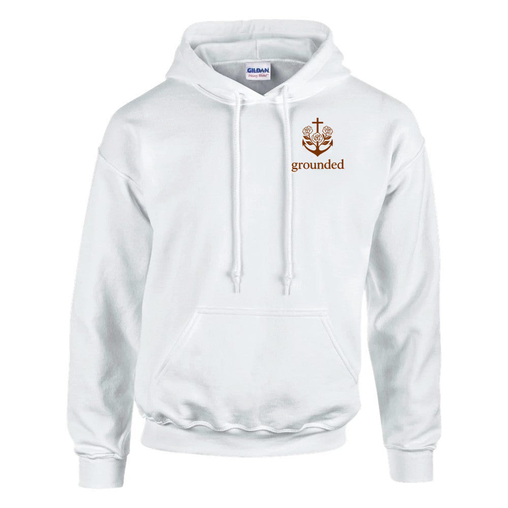 White Grounded hoodie front with the approved brown two-leaf rose and anchor emblem and grounded wordmark